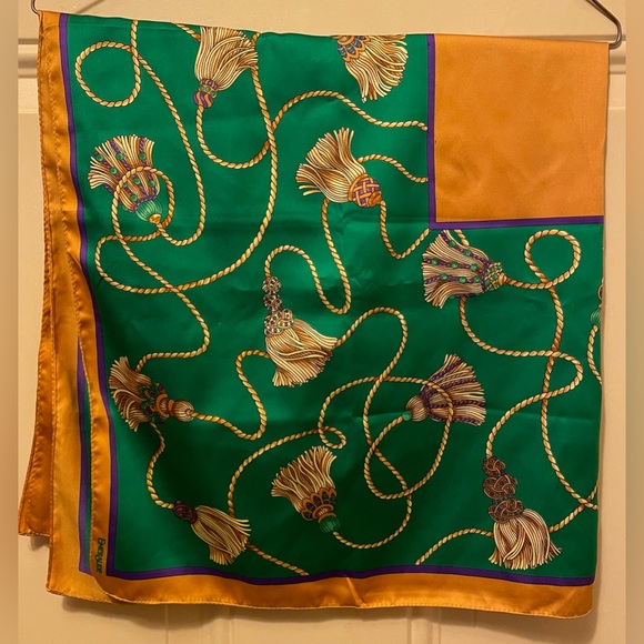 Emeraude Scarf in Satin Made in Italy Green Gold and Purple Tassel Design - Picture 1 of 4